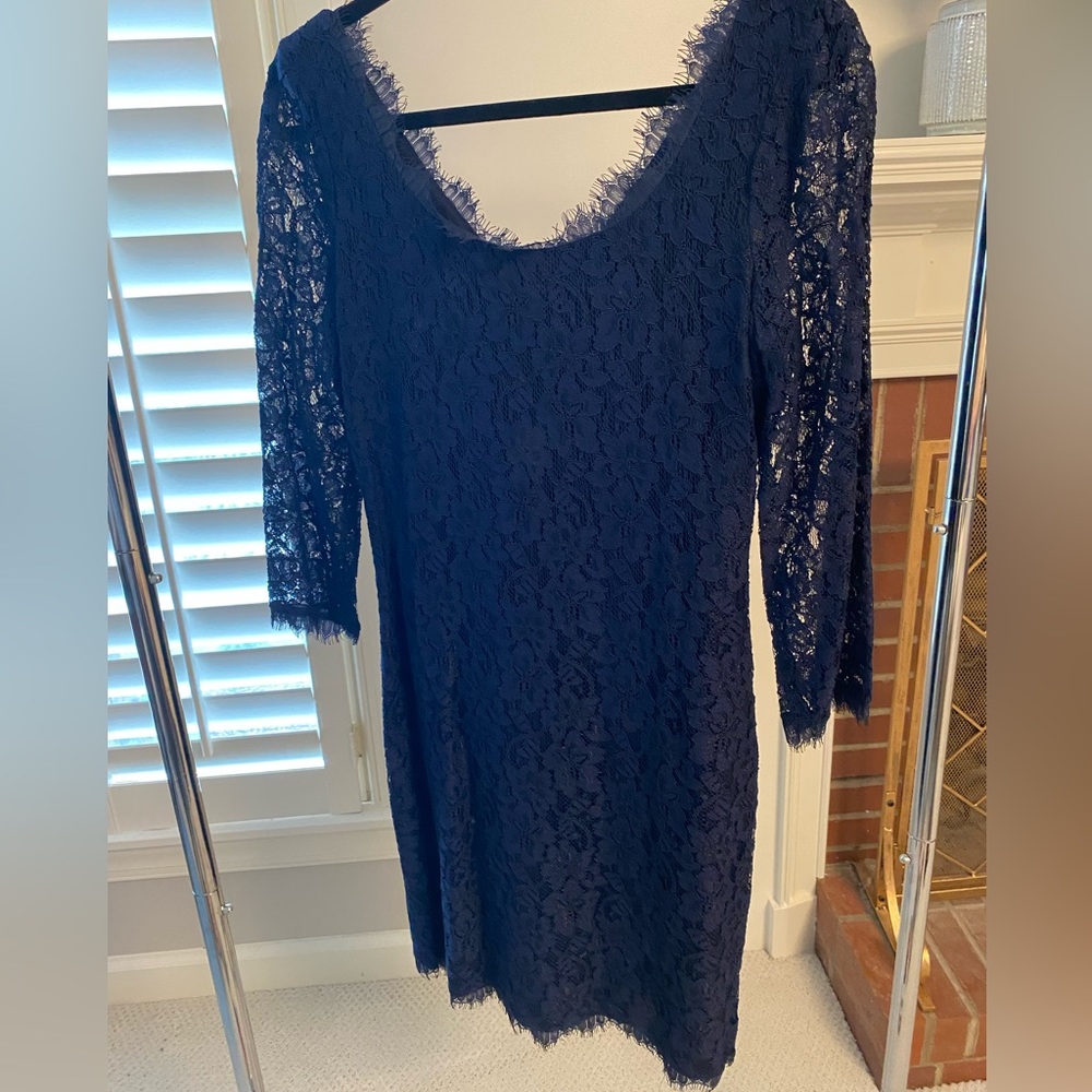 Diane von Furstenberg navy blue cocktail dress. V-neck in the back- beautiful!